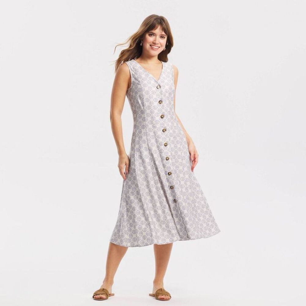 Women's Button-Front Midi Dress - A New Day Beige Floral XS: Cottagecore